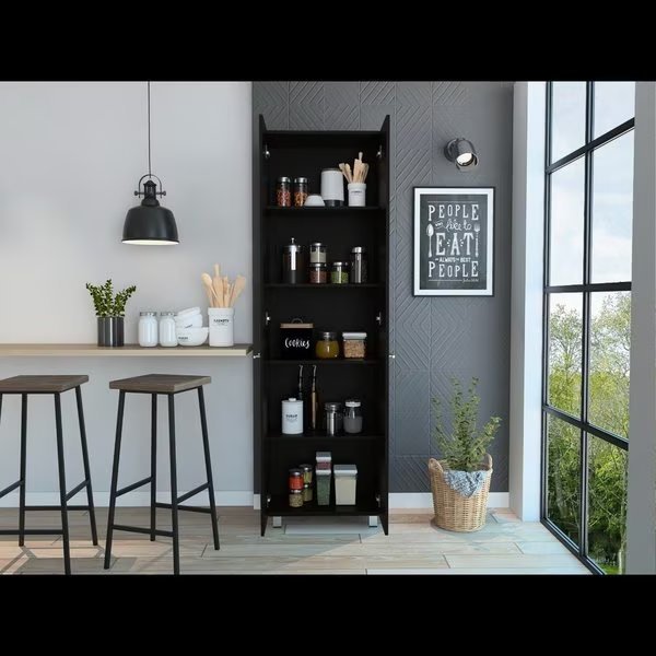 Baleare Pantry Cabinet, Five Interior Shelves, Four Legs, Black, Tuhome, Mfr#: ALW5604